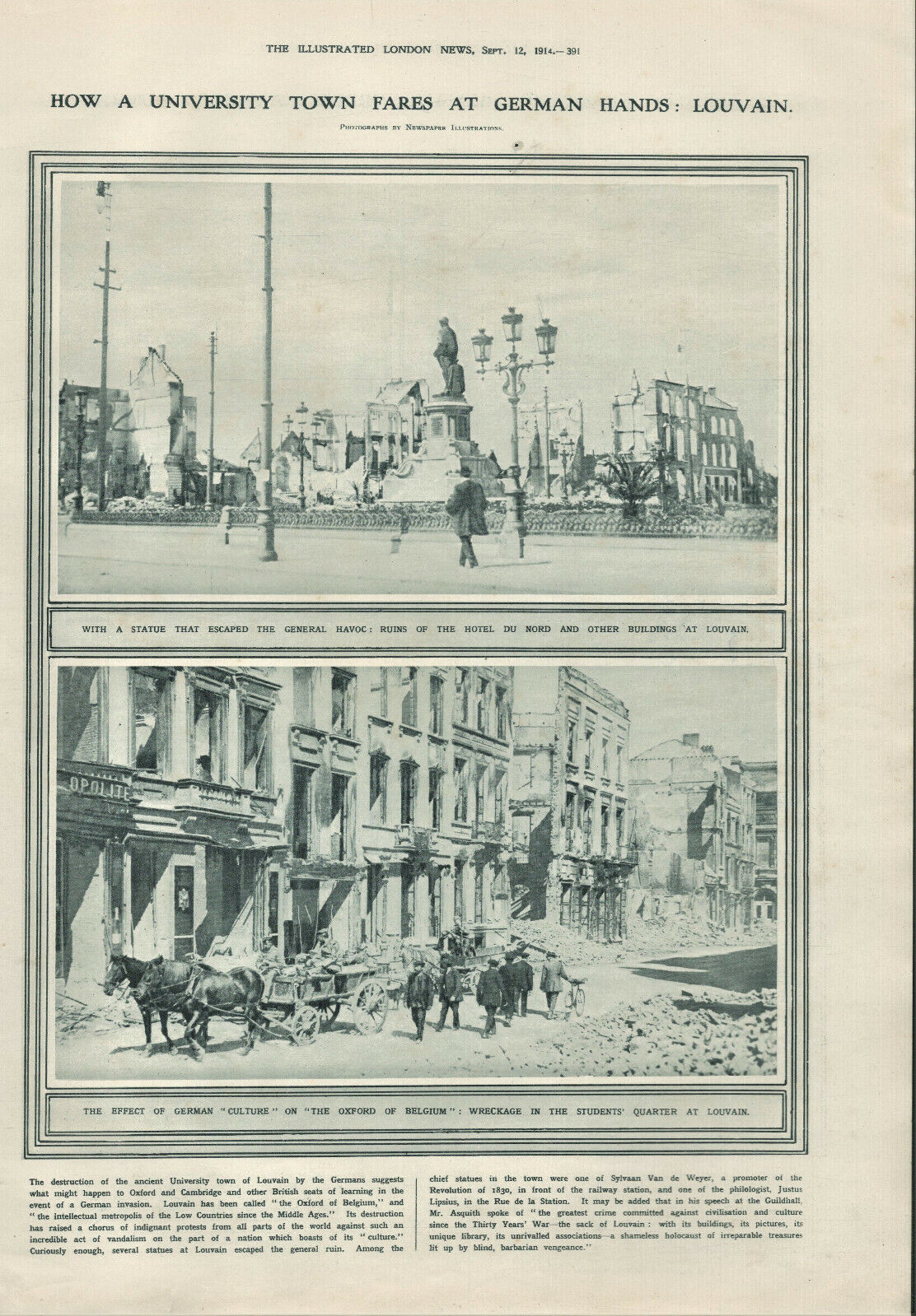 Antique B&W Photographic Print Hotel Du Nord Louvain Wreckage London News 1914