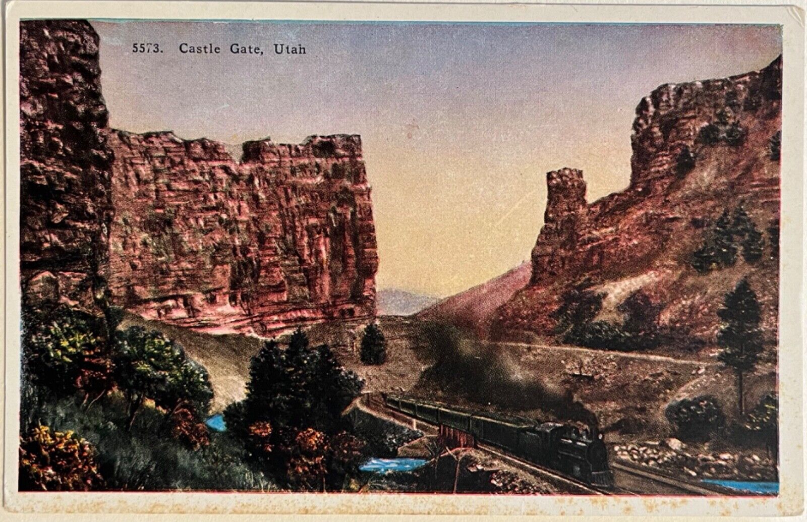 Castle Gate Utah Moving Train Railroad Antique Postcard c1920