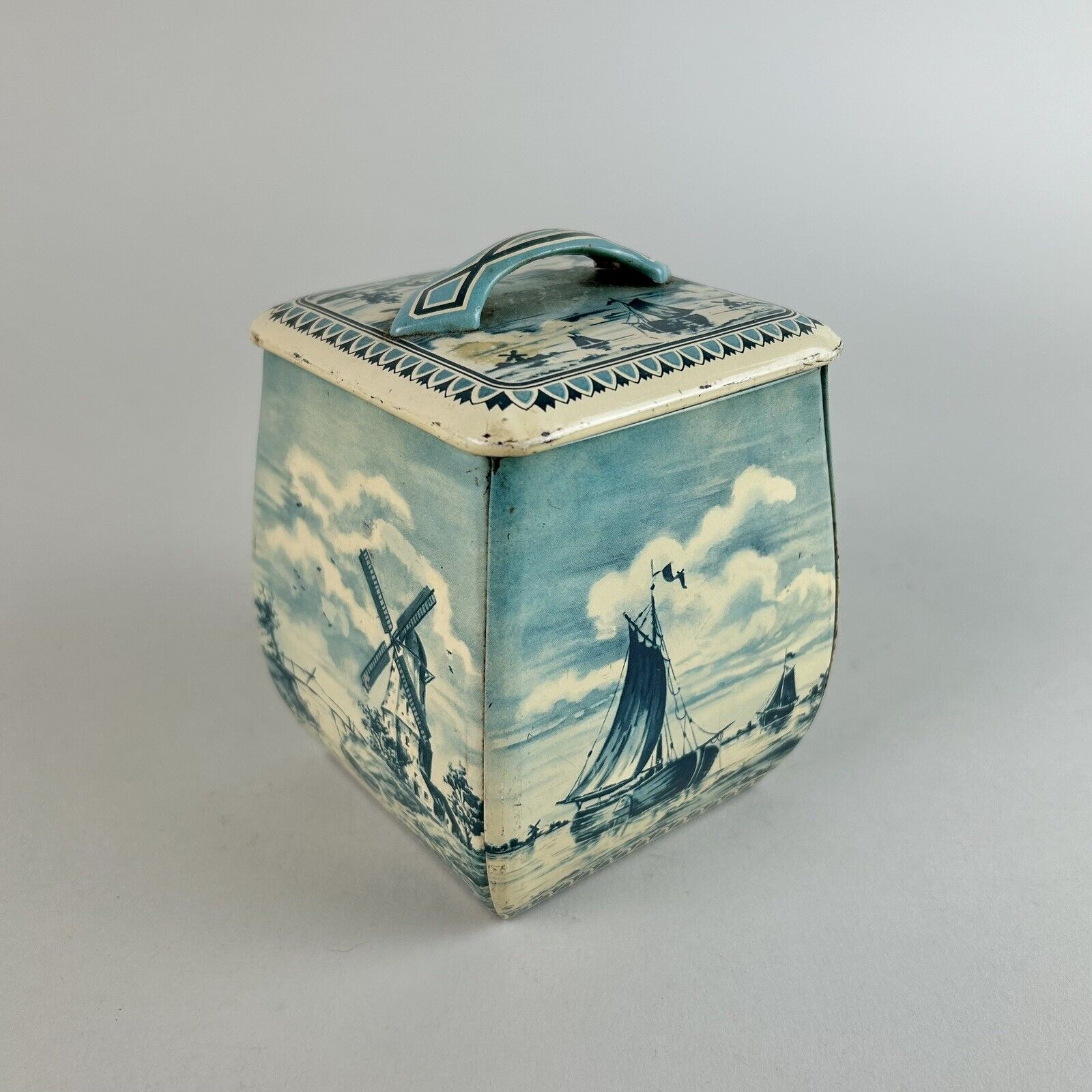 Vintage Holland Delft Blue Windmill Tea Biscuit Tin Sailboat Western Germany