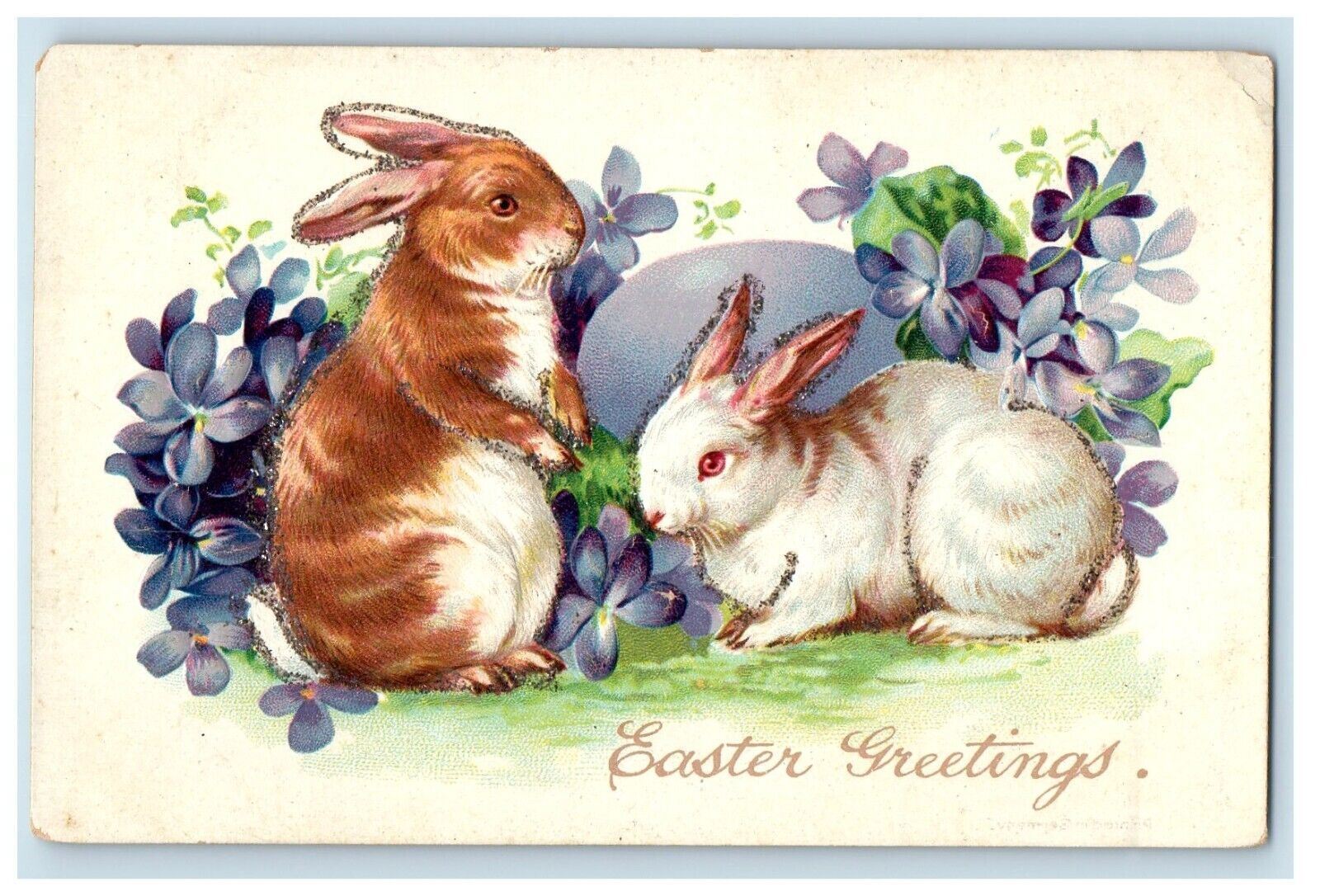 Easter Greetings Rabbits Egg Pansies Flowers Embossed Glitter Tuck\'s Postcard
