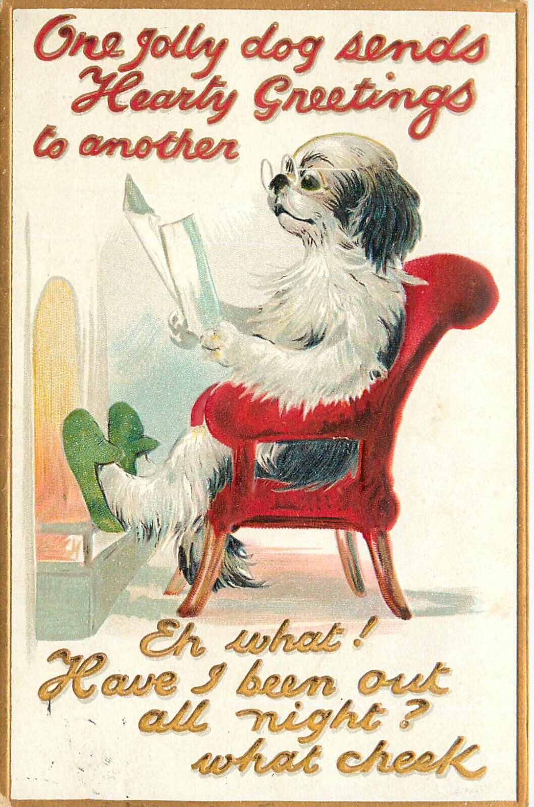BB London Postcard X 58 Embossed, Jolly Dog In Slippers Reads Paper By The Fire