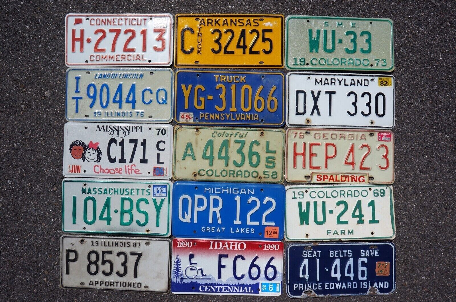 LOT of 15 Vintage MIXED STATES License Plates CT AR CO IL PA MD MS GA MA MI ID