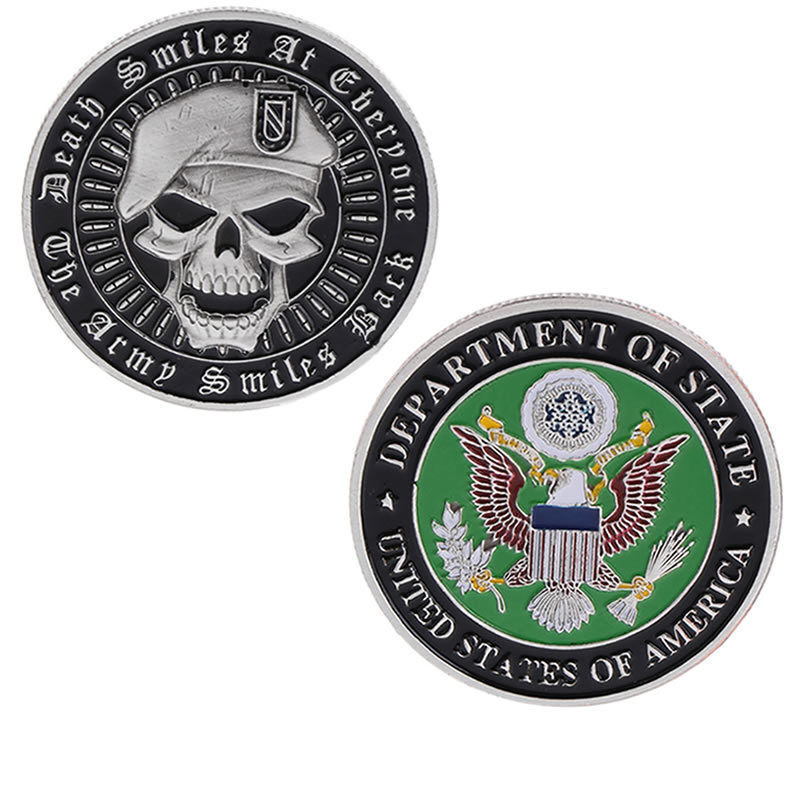 DEATH SMILES AT EVERYONE THE ARMY SMILES BACK SKULL CHALLENGE COIN