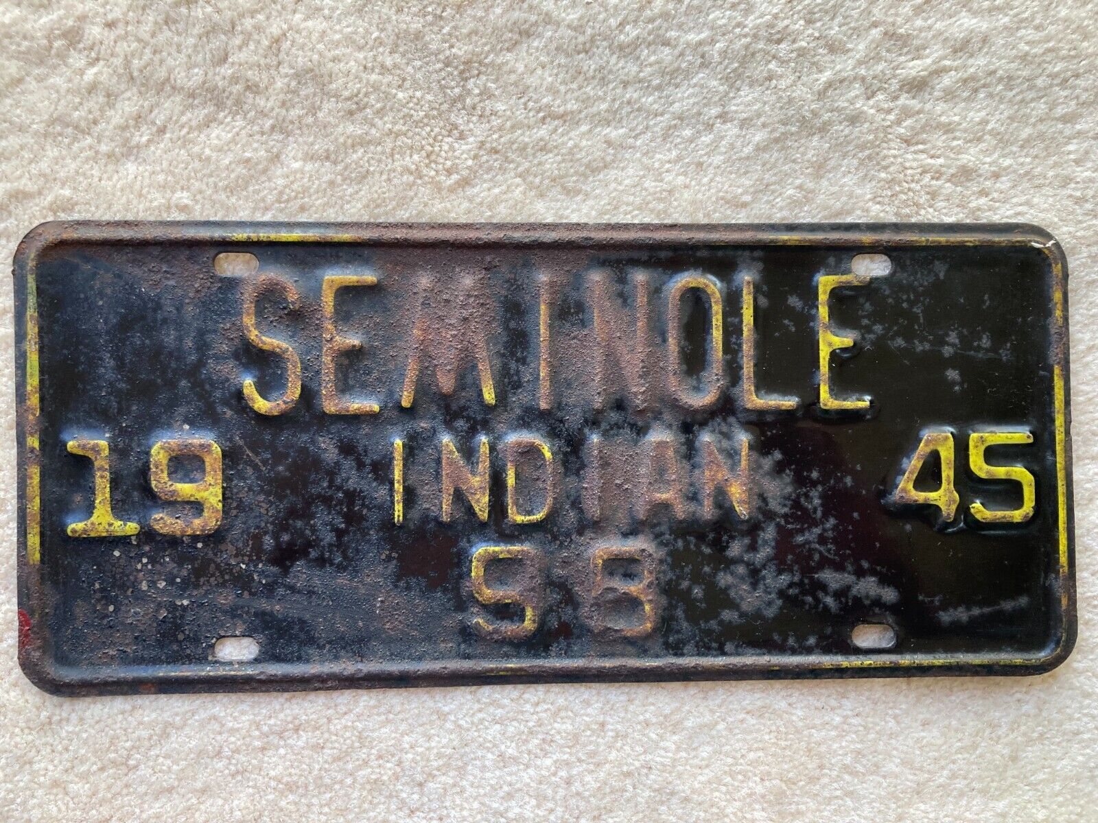 Original 1945 SEMINOLE INDIAN FLORIDA LICENSE PLATE (OLDEST TRIBAL TAG ON ebay)