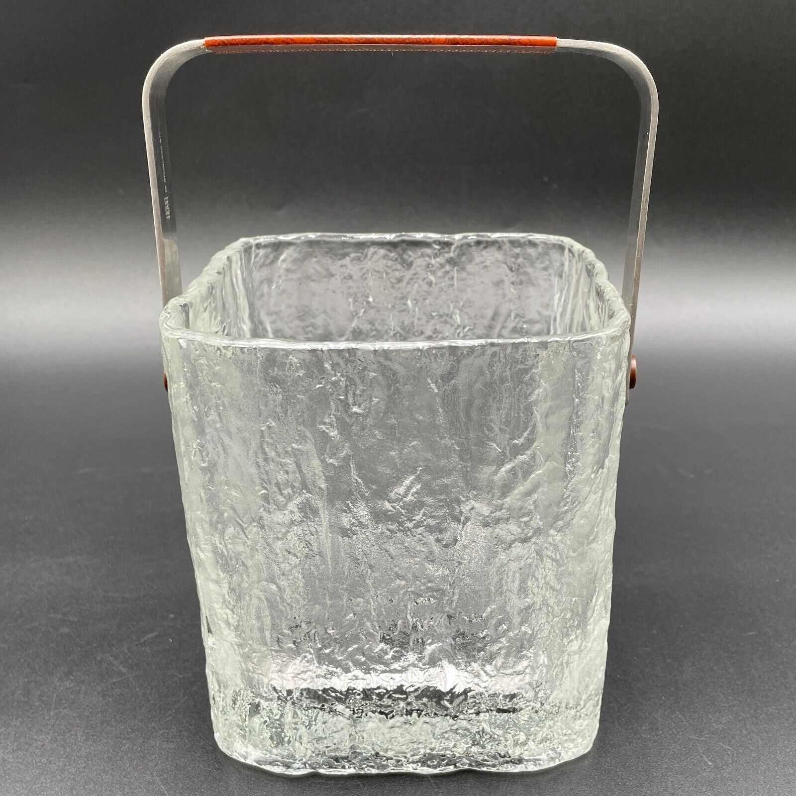 VTG Hoya Glacier Ice Bucket Textured Glass Japan 60s w/ Stainless Steel Handle