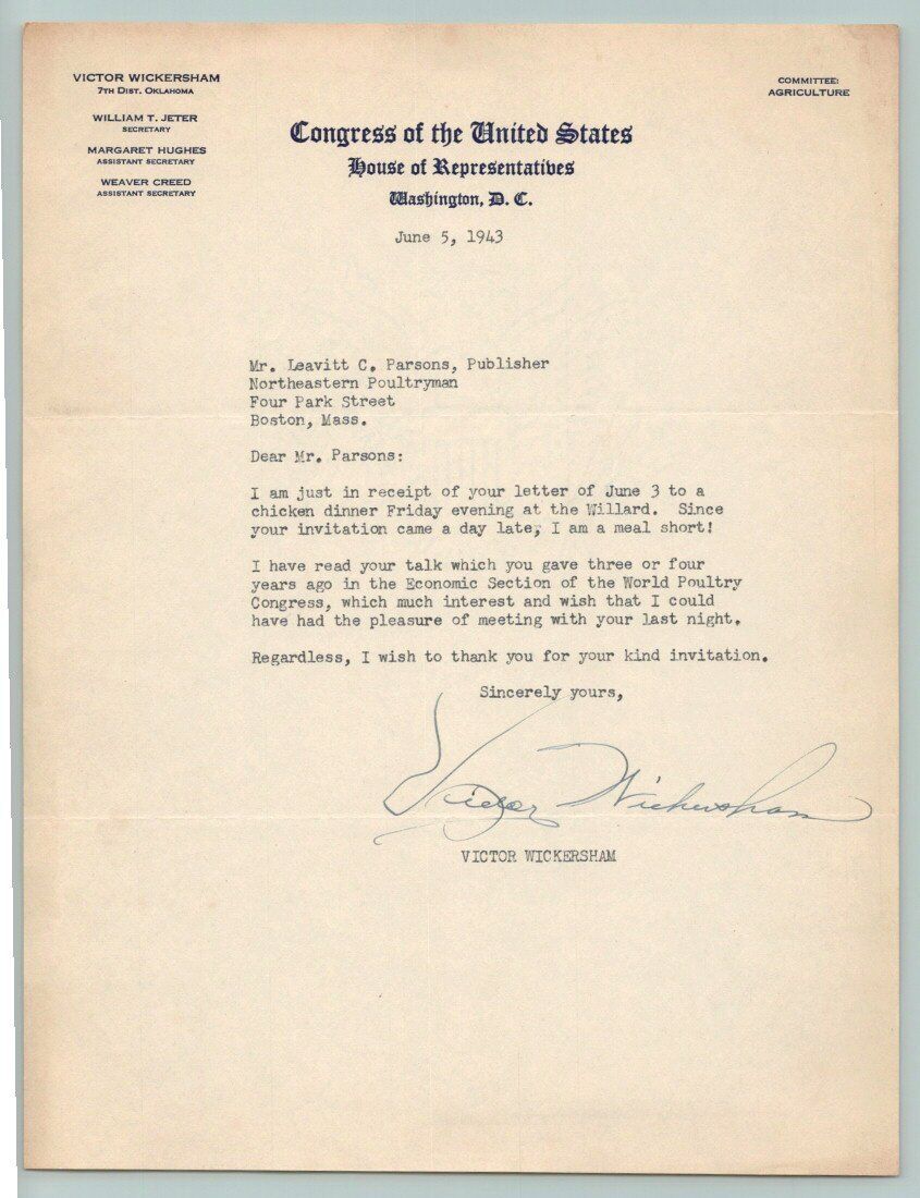 1943 US CONGRESS Representative VICTOR WICKERSHAM Signed AUTOGRAPH / OKLAHOMA
