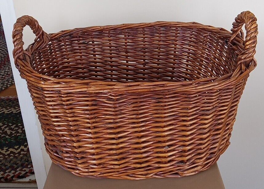 Large Vintage Woven Wicker Laundry Basket Handles Gathering Craft Fabric Storage