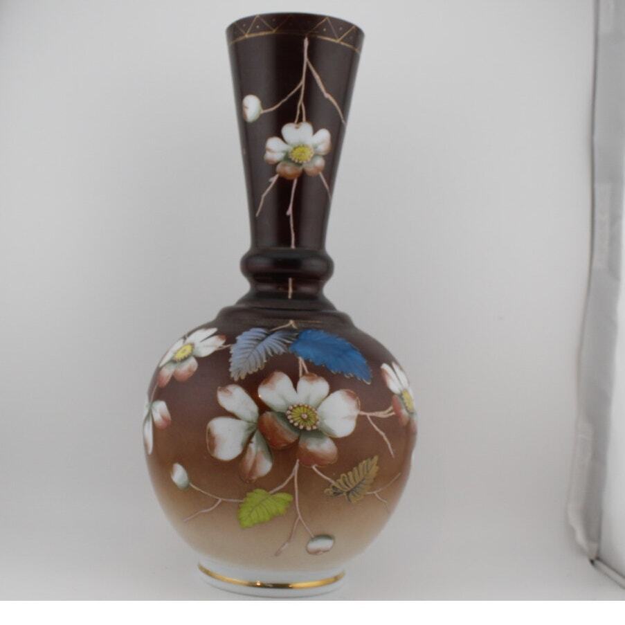 Antique Victorian French Brown Cased Vase with Enameled Floral Decoration