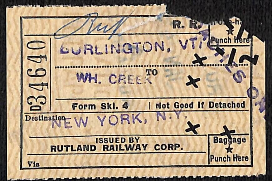 Rutland Railway Ticket / Stub Burlington White Creek NY,NY c1955 #34640
