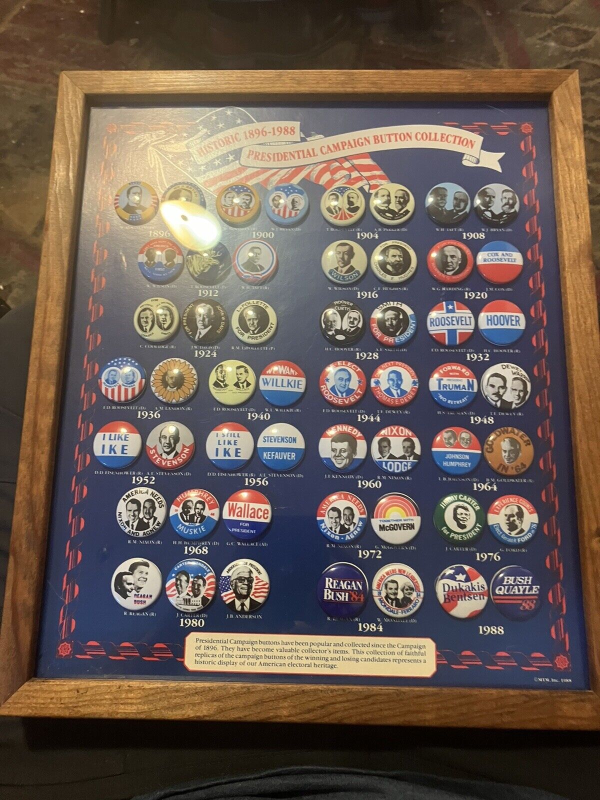 Framed Historic 1896-1988 Presidential Campaign Button Collection. Reproduction