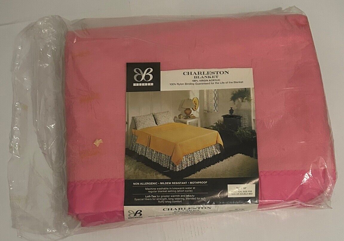 Vtg. CHARLESTON 100% Virgin Acrylic Blanket Nylon Trim PINK 72X90 USA Made NOS