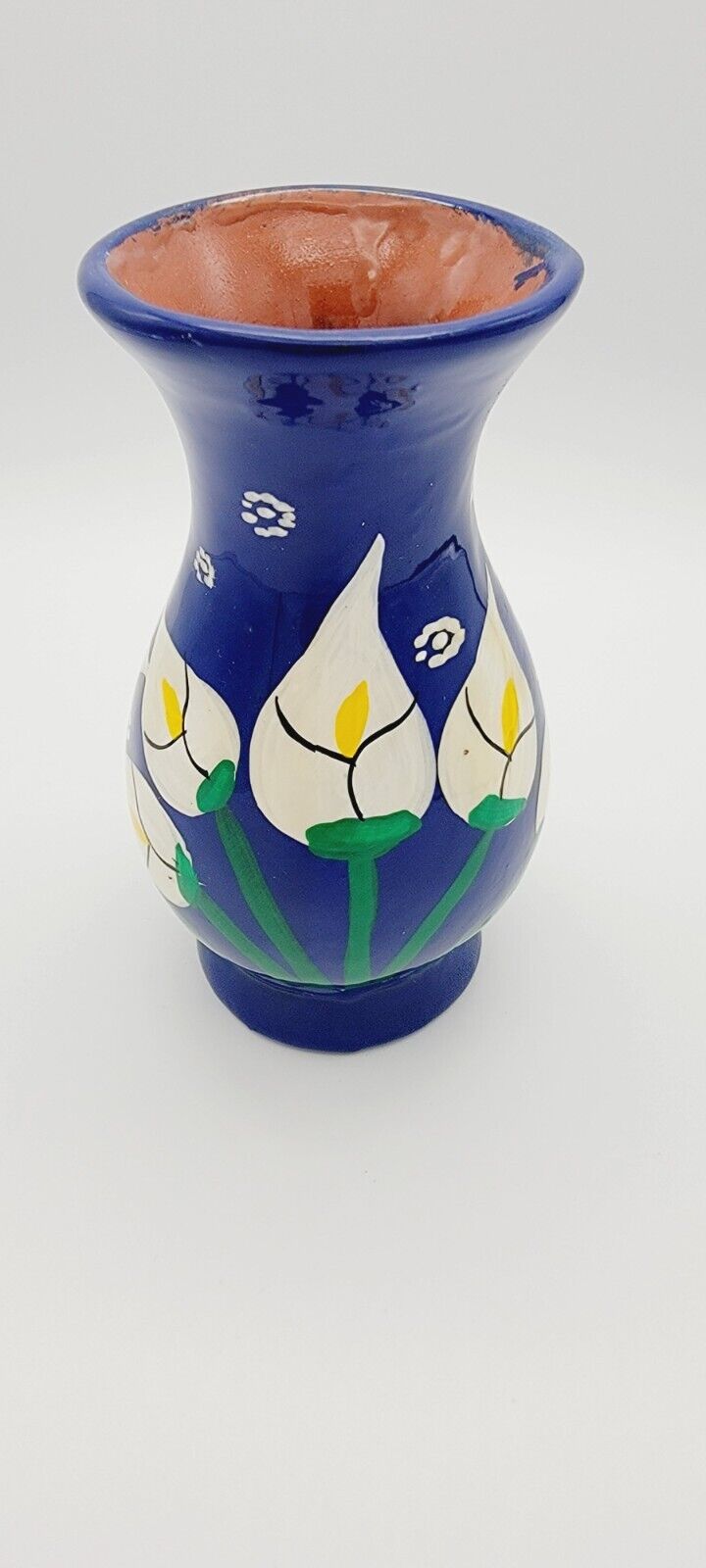 Vintage Hand Painted Mexican Terra Cotta Clay Pottery  Blue Vase Calla Lilies