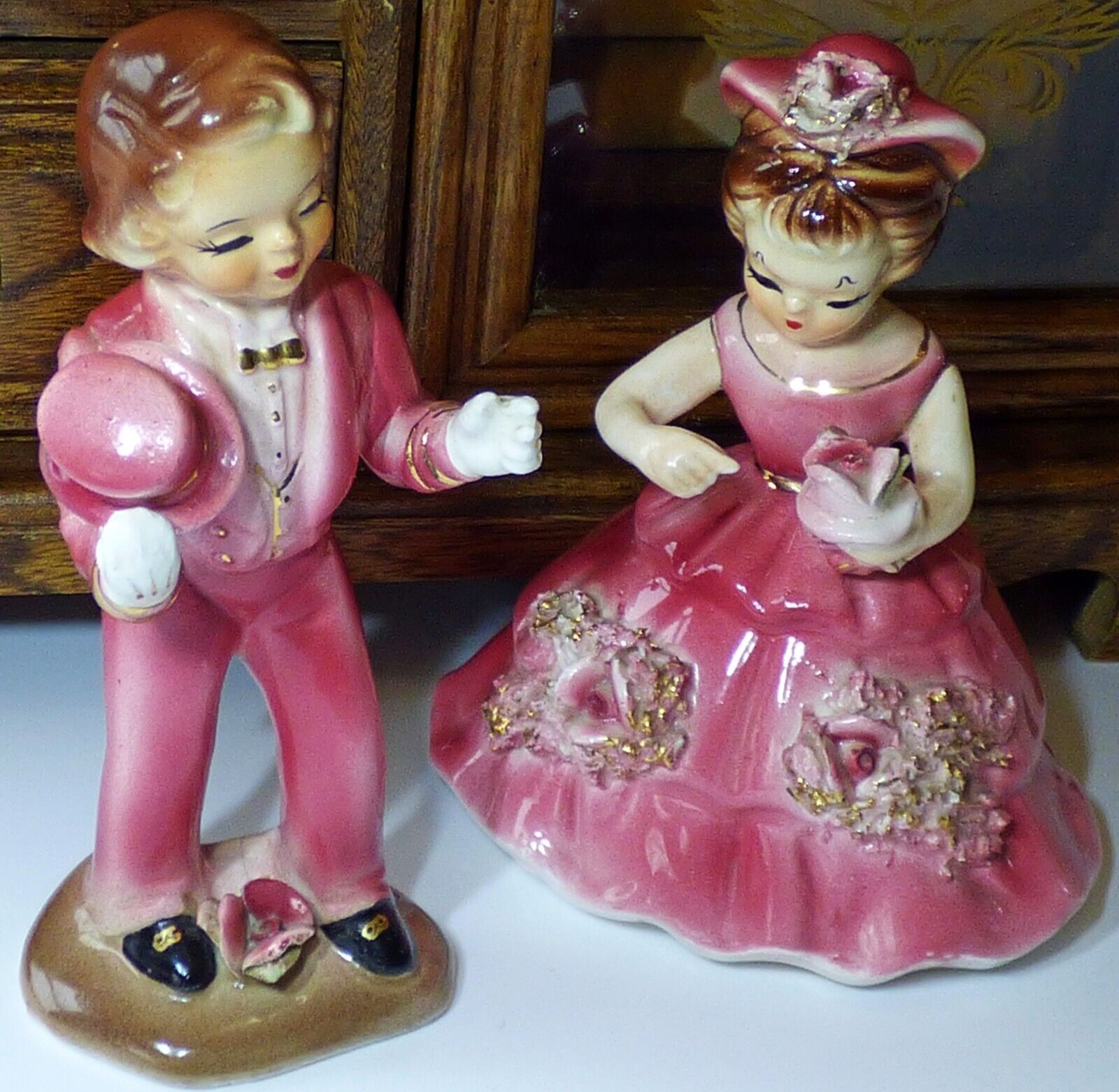 Set Vintage Pink Boy and Girl Figurine Porcelain Courting Couple 1950\'s Arnart?
