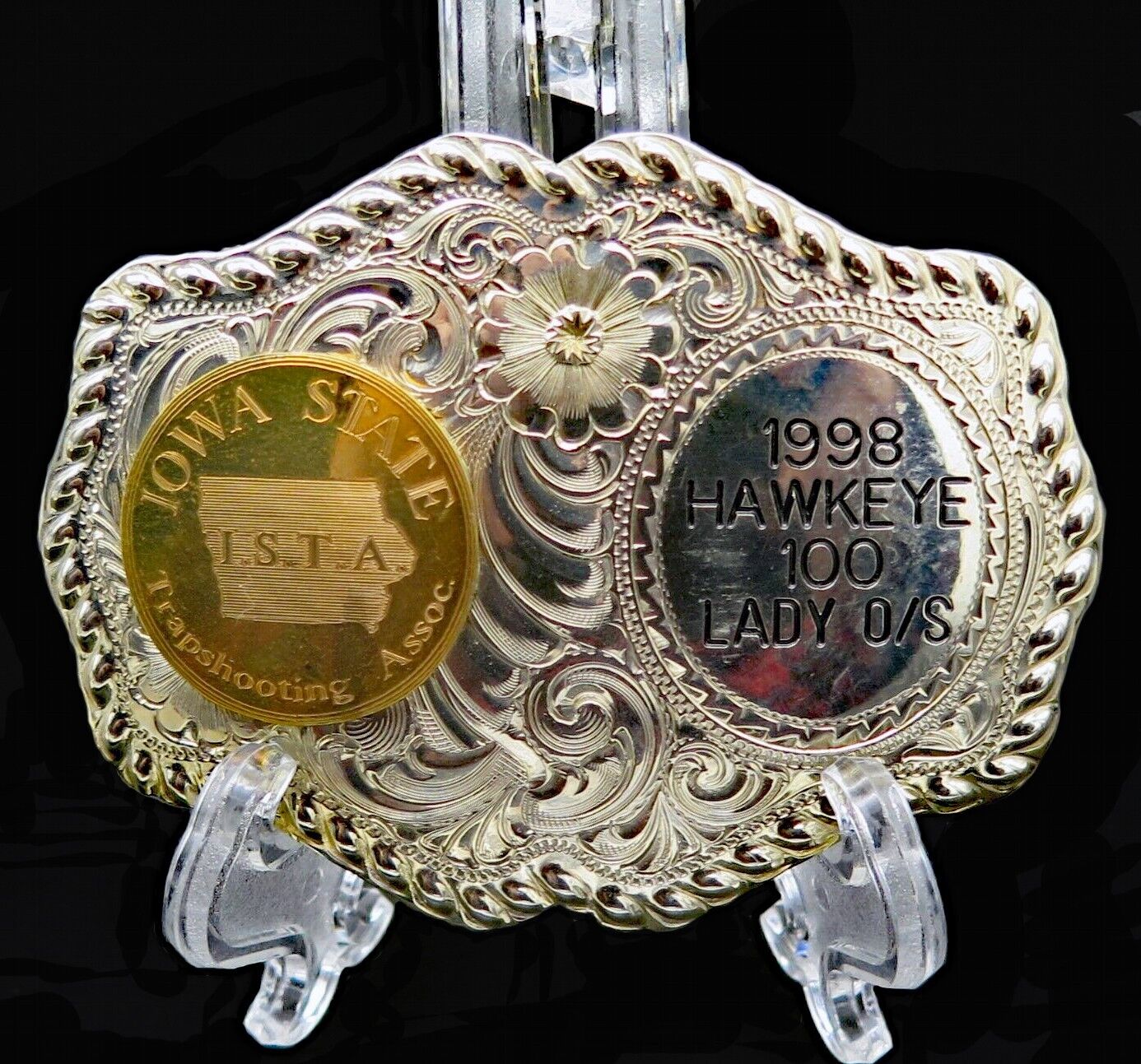 Iowa State Trap Shooting 1998 Hawkeye 100 Lady O/S Trophy Award Belt Buckle