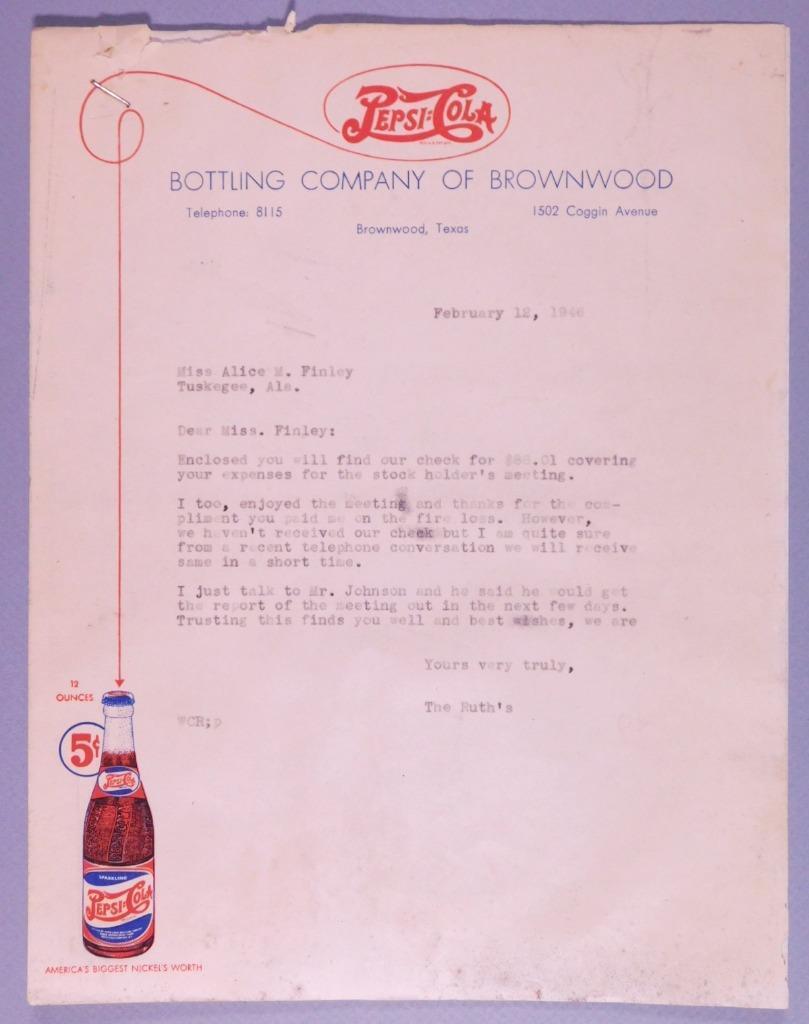 1946 Pepsi-Cola Letter with 5¢ Bottle Contents about a fire. B8S3