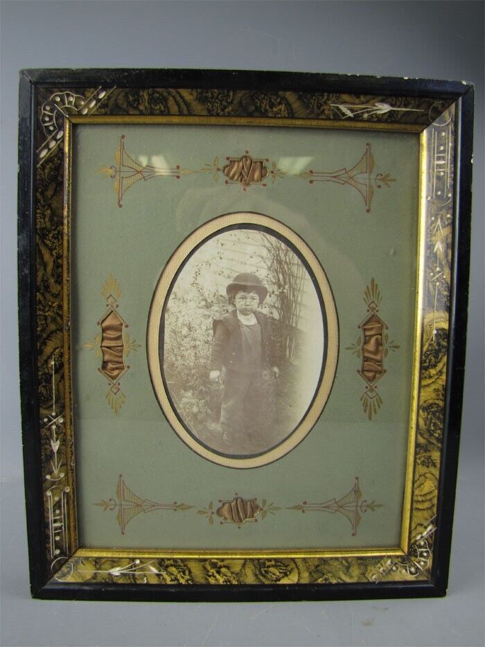 Antique Sepia Photograph Adorable Little Boy in Exquisite Antique Wood Frame 