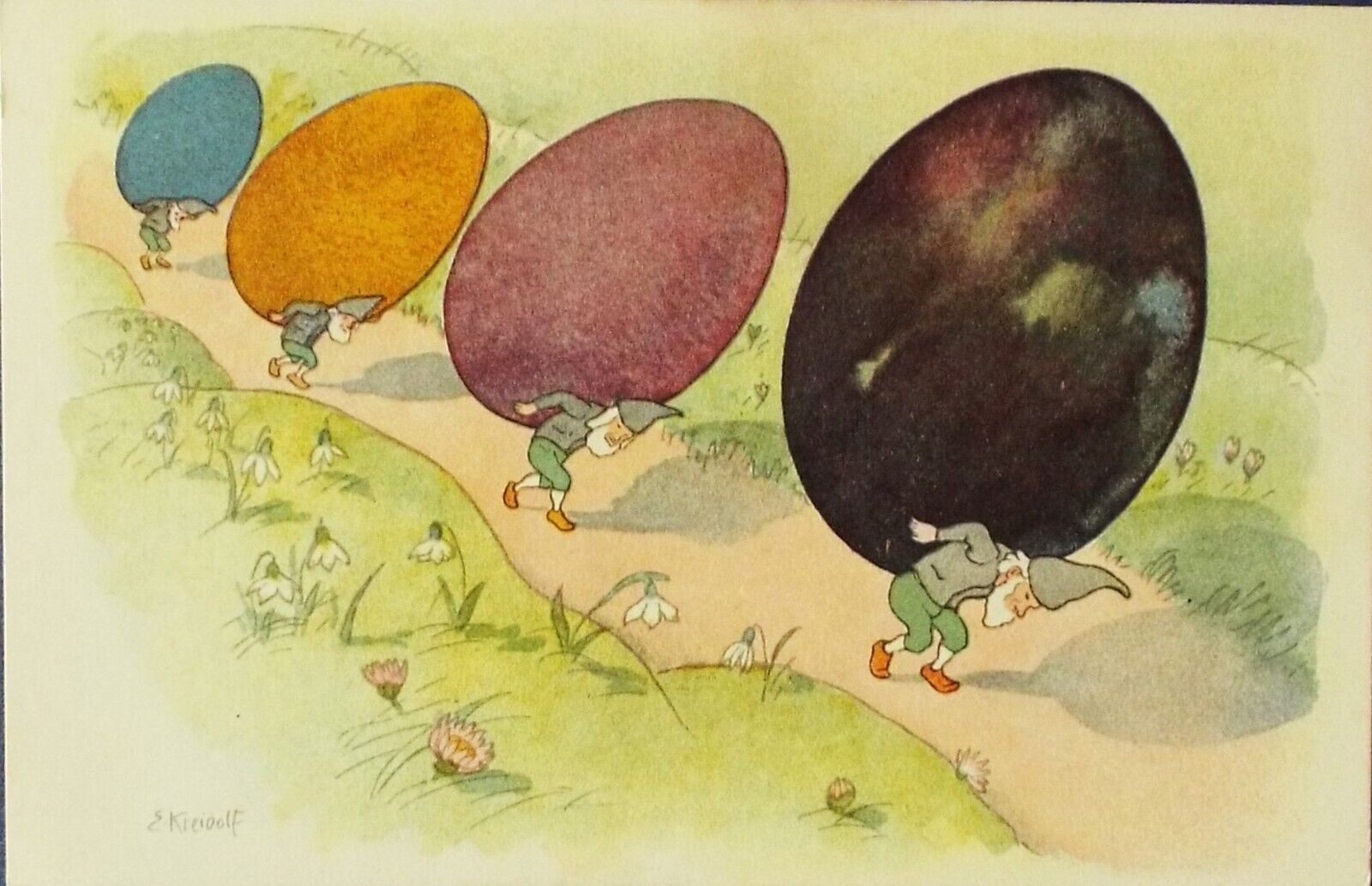 Fine Art Deco 1918 Signed Kreidolf Elf helpers carry Easter Eggs Zurich
