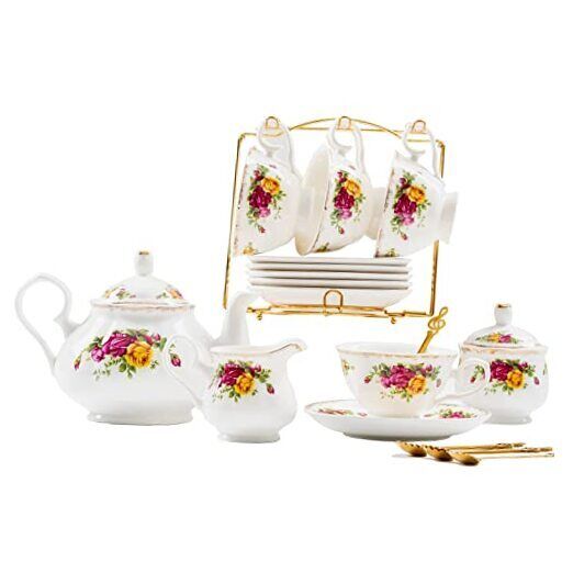  22-Pieces Porcelain Tea Set,Vintage Floral Tea Gift Rose Flowers Set