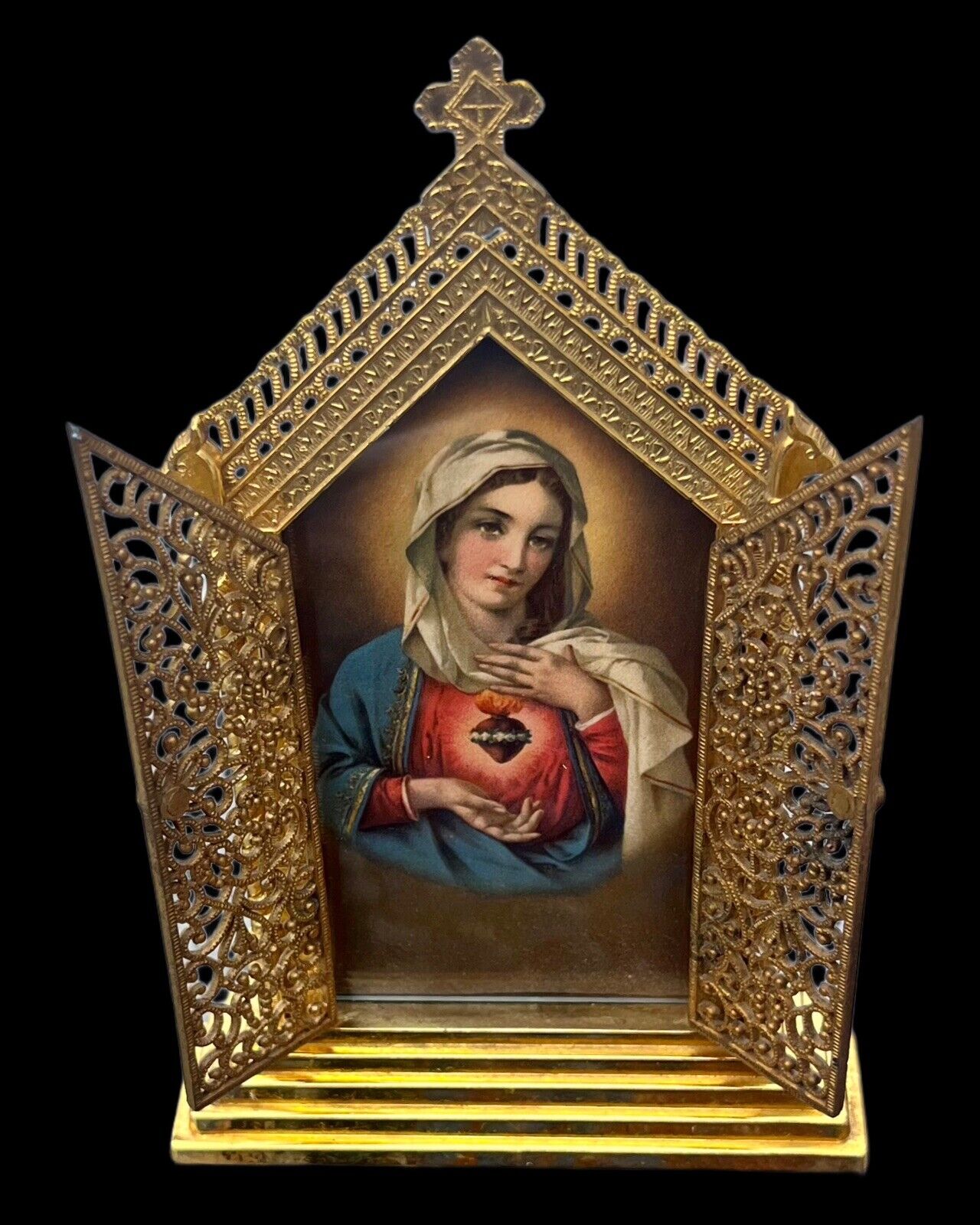 Vintage Gilded Metal Filigree Traveling Triptych Sacred Heart Of Mary Shrine