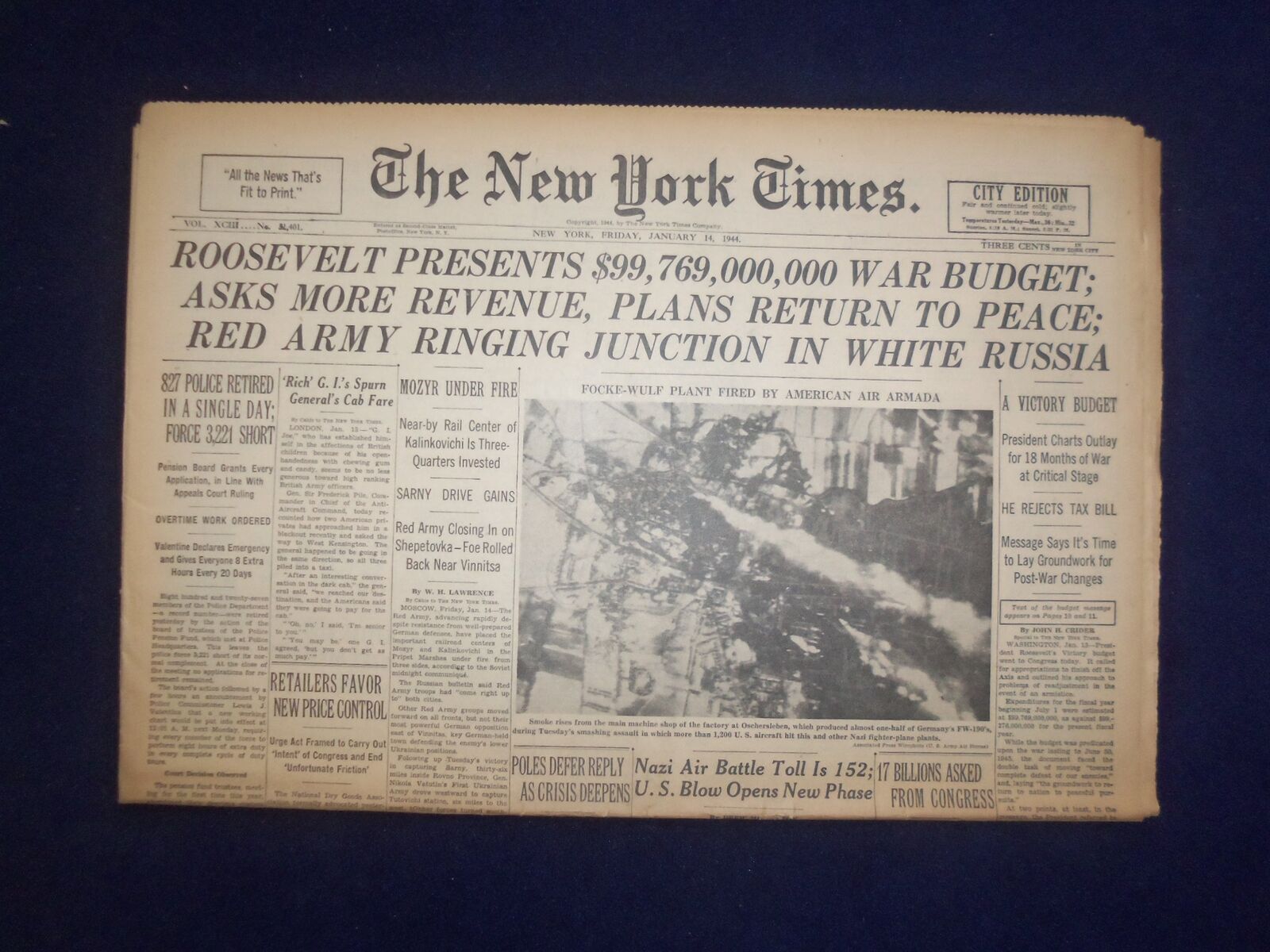 1944 JAN 14 NEW YORK TIMES-ROOSEVELT PRESENTS $99,769,000,000 WAR BUDGET-NP 6554