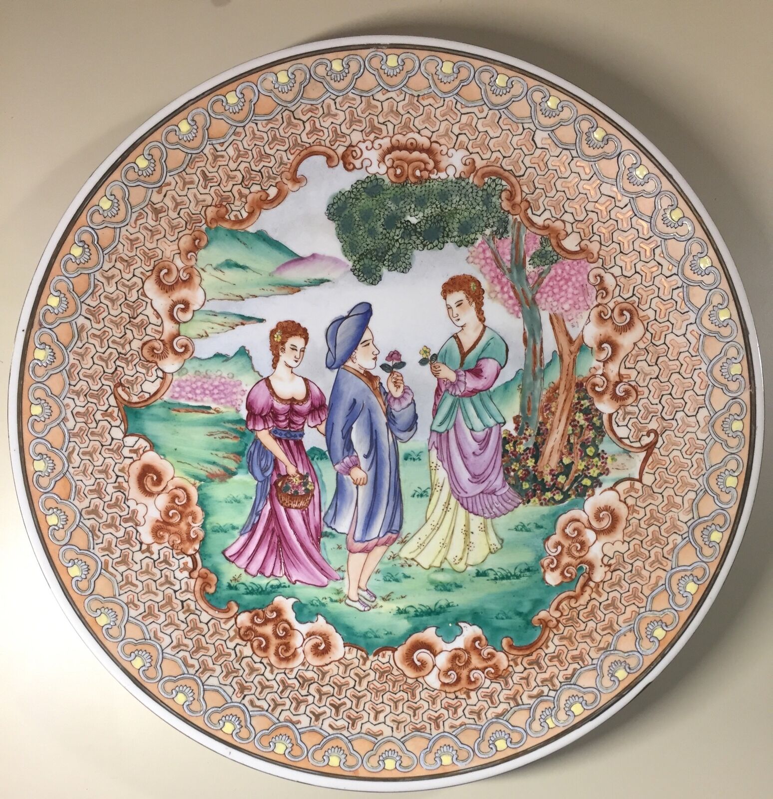 Vintage Large Chinese Figural Hand Painted Round Platter Marked Kuang-Hsü 17.75”
