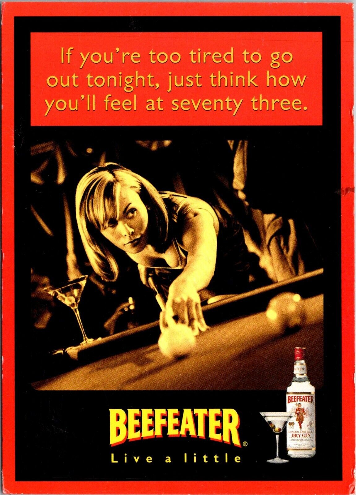 Beefeater Gin Advertisement Live A Little Woman Shooting Pool Postcard G898