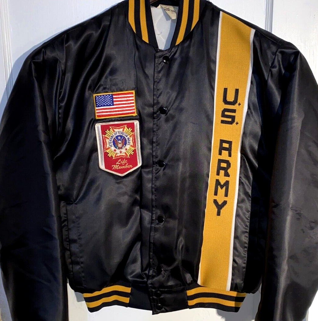 VTG US Army Satin Jacket RARE VFW/ AMERICAN FLAG PATCH Coat USA MADE Men's Med M