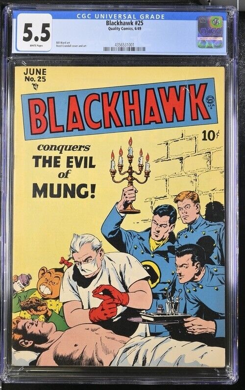 BLACKHAWK #25 CGC 5.5 (1949). WHITE Pages Reed Crandall cover and art. 