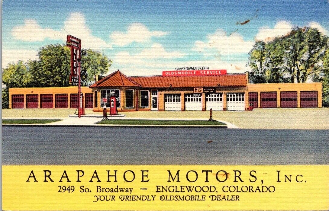 Englewood, CO Arapahoe Motors Inc Oldmobile Dealer Advertising Postcard Posted