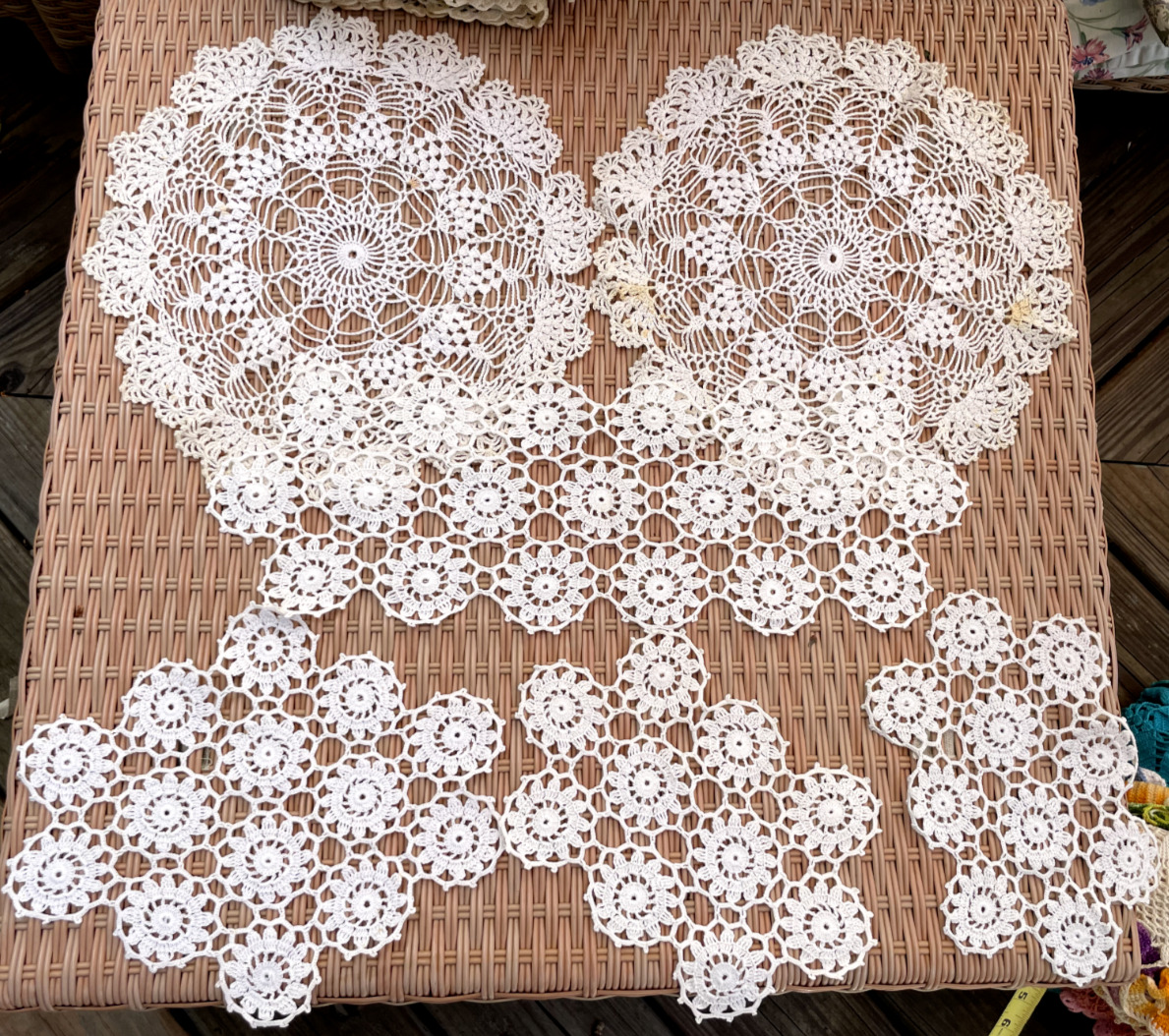 Vintage Lace Doily White Textured Hand Crocheted Lot of 6