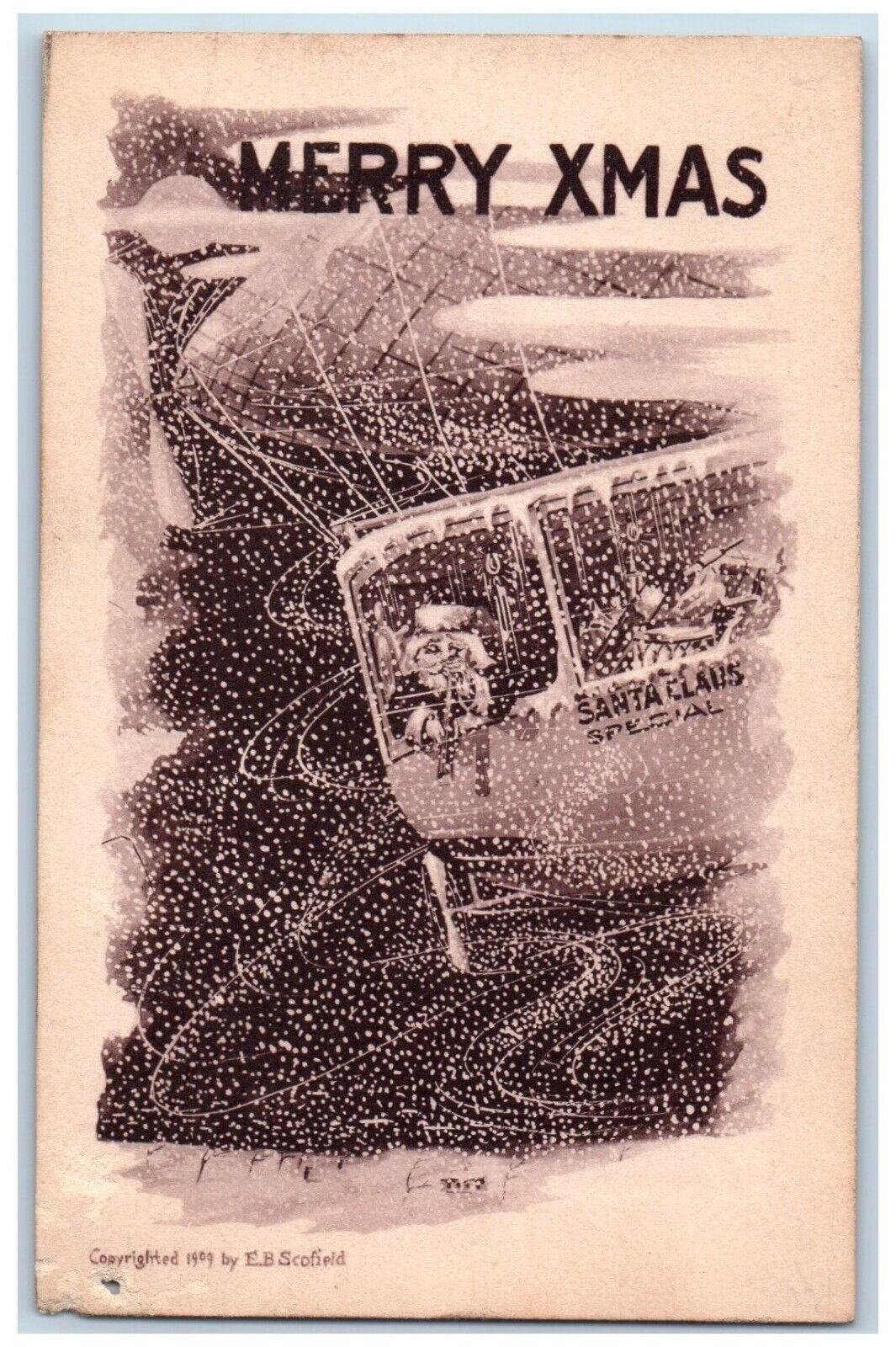 E B Scofield Artist Signed Postcard Christmas Santa Claus Riding Airship c1910's