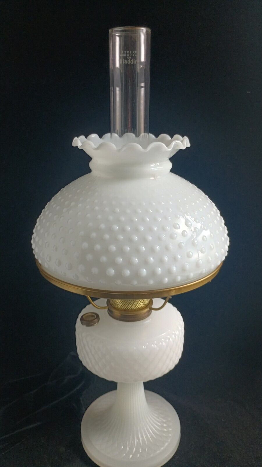 Antique 1937 Aladdin White Moonstone Art Glass Diamond Quilt Oil Lamp & Chimney