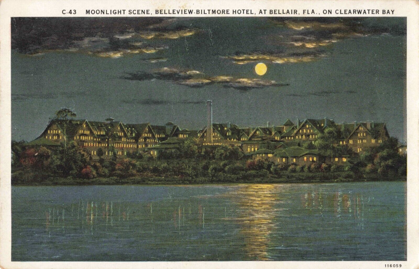 Moonlight Scene Belleview Biltmore Hotel Belleair Florida Clearwater Bay 1934 PC