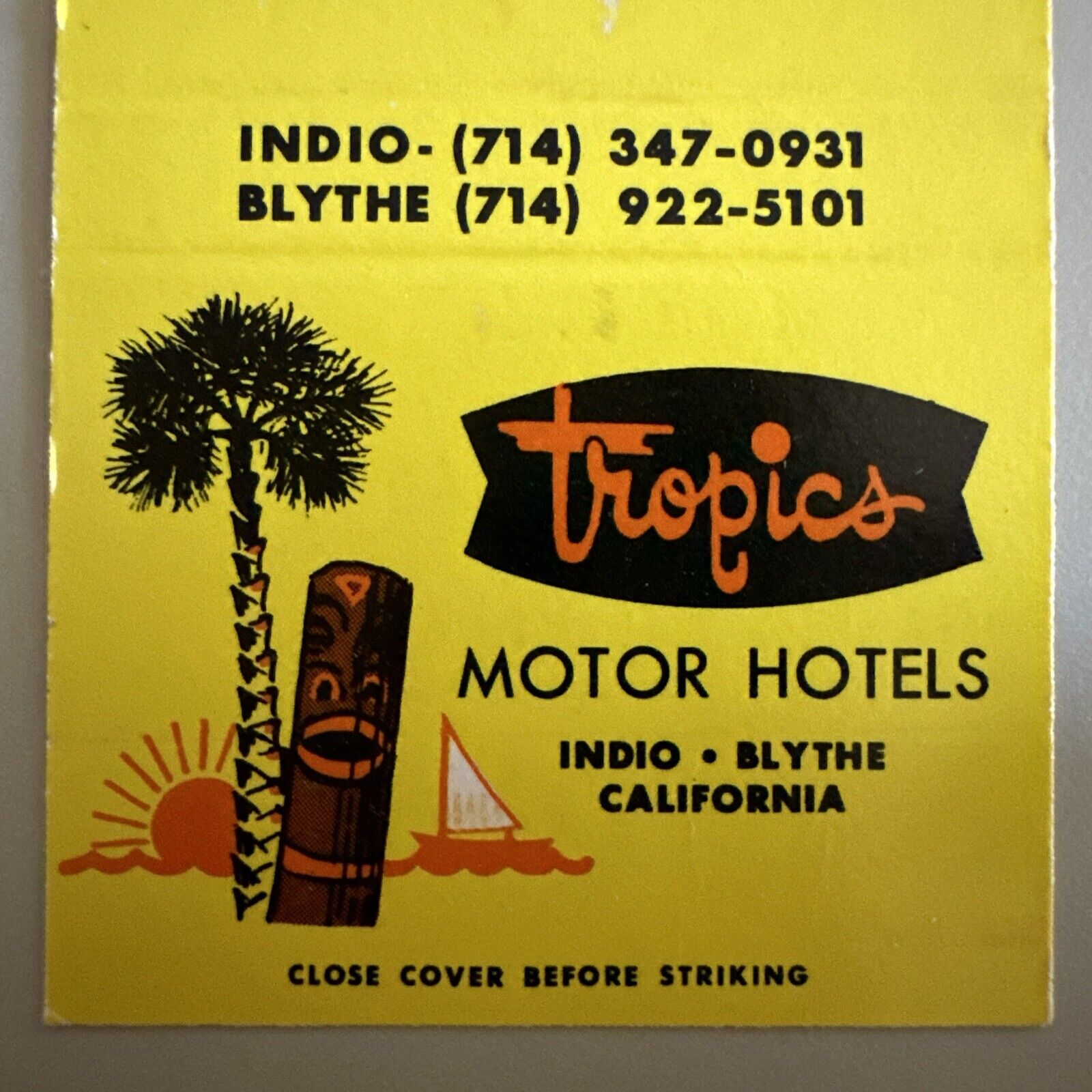 Vintage 1970s Tropics Motor Hotels Tiki Indio Blythe CA Matchbook Cover