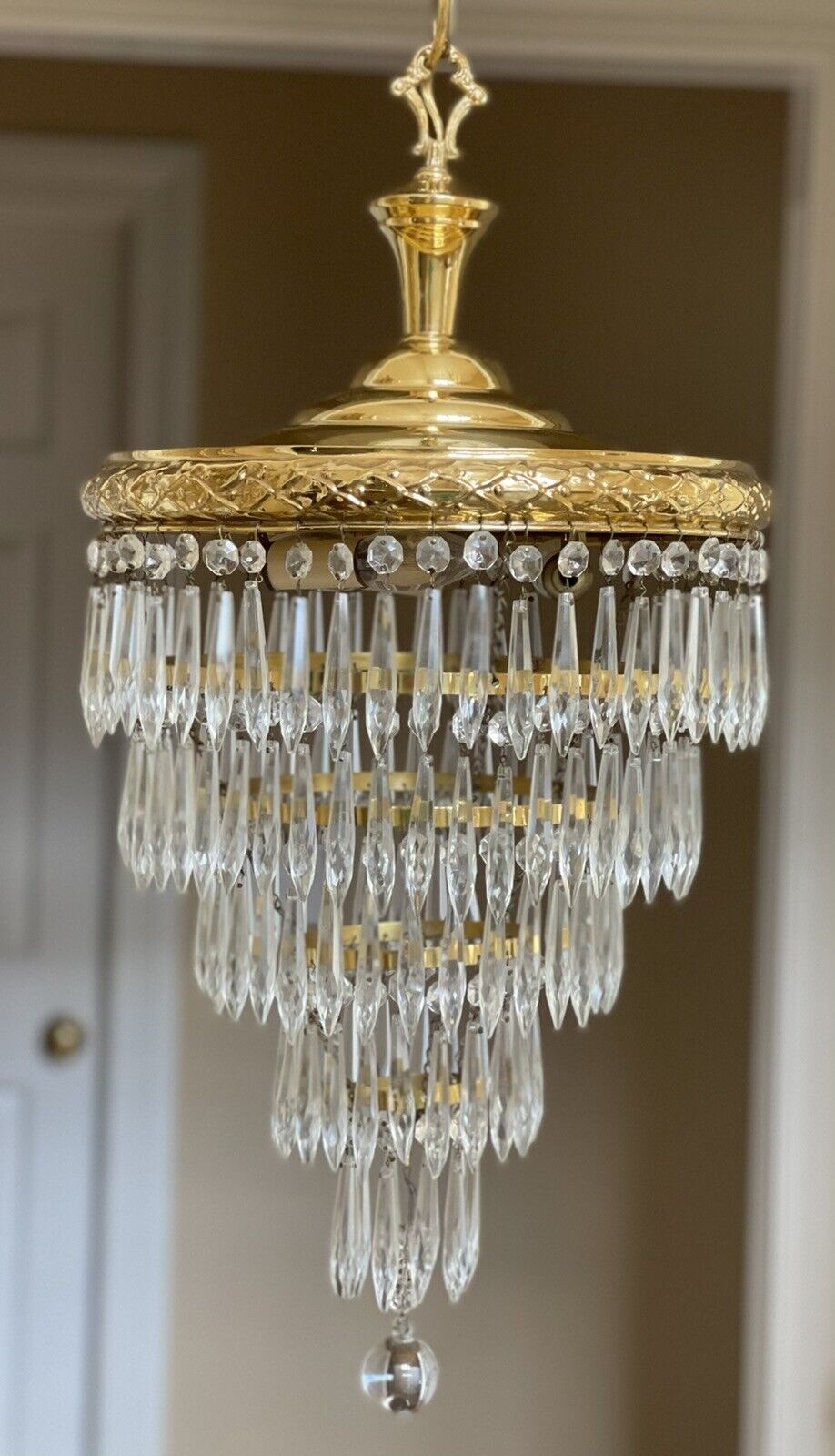 Exquisite ~ Antique French Brass Crystal Wedding Cake Tier Chandelier Victorian