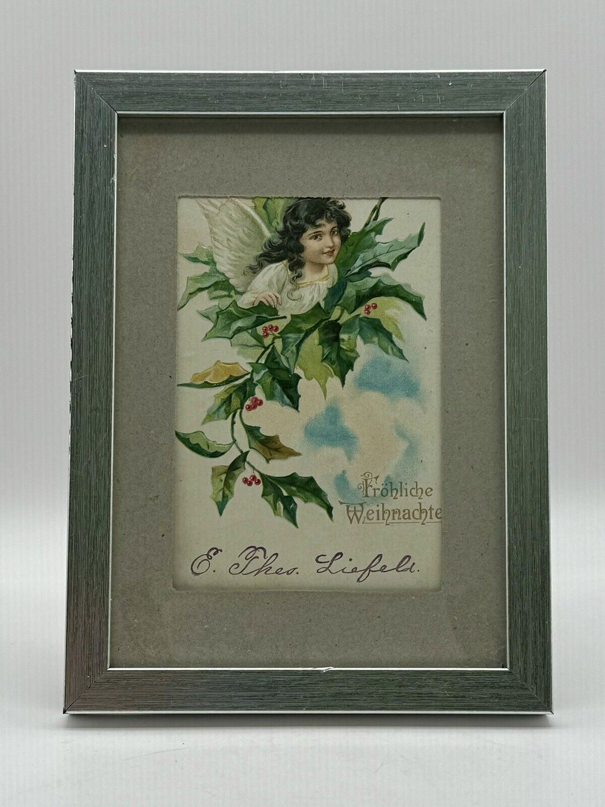Antique 1910-15 Christmas Ivy and Angel Postcard Framed Art