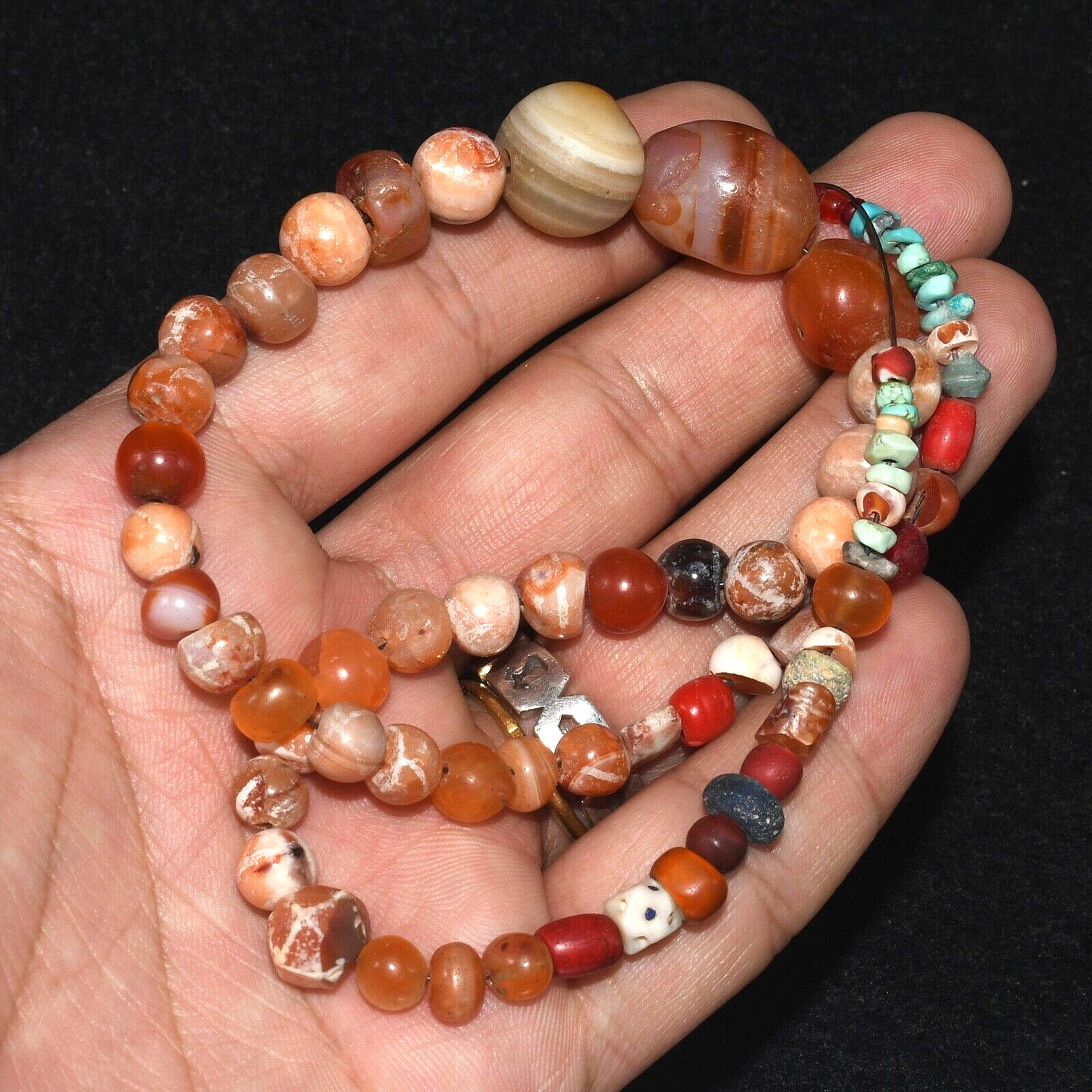 Ancient Carnelian Stone Bead Necklace with Bactrian Turquoise C. 1500+ Years Old