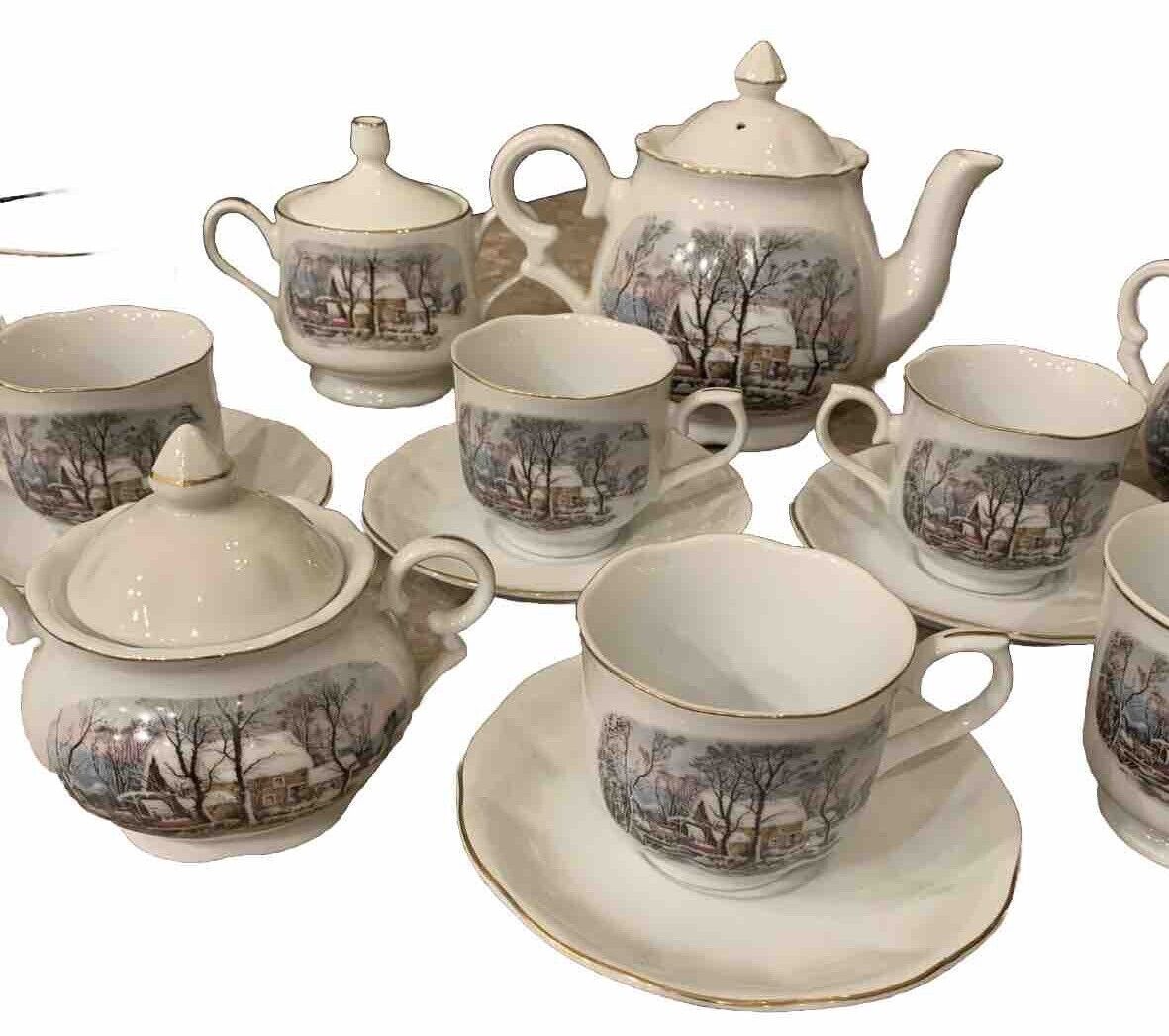 Avon Currier & Ives 16pc Collection Teacups Coffee Teapot  Sugar Creamer Bell