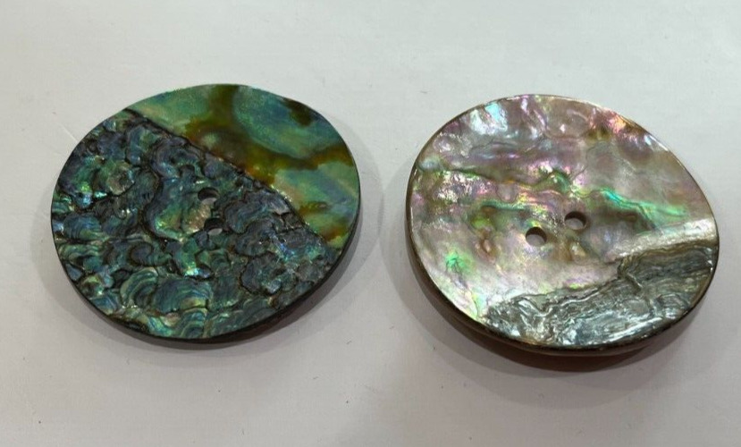 PAIR ANTIQUE VINTAGE IRIDESCENT MOTHER OF PEARL ABALONE LG BUTTONS 1 7/8\
