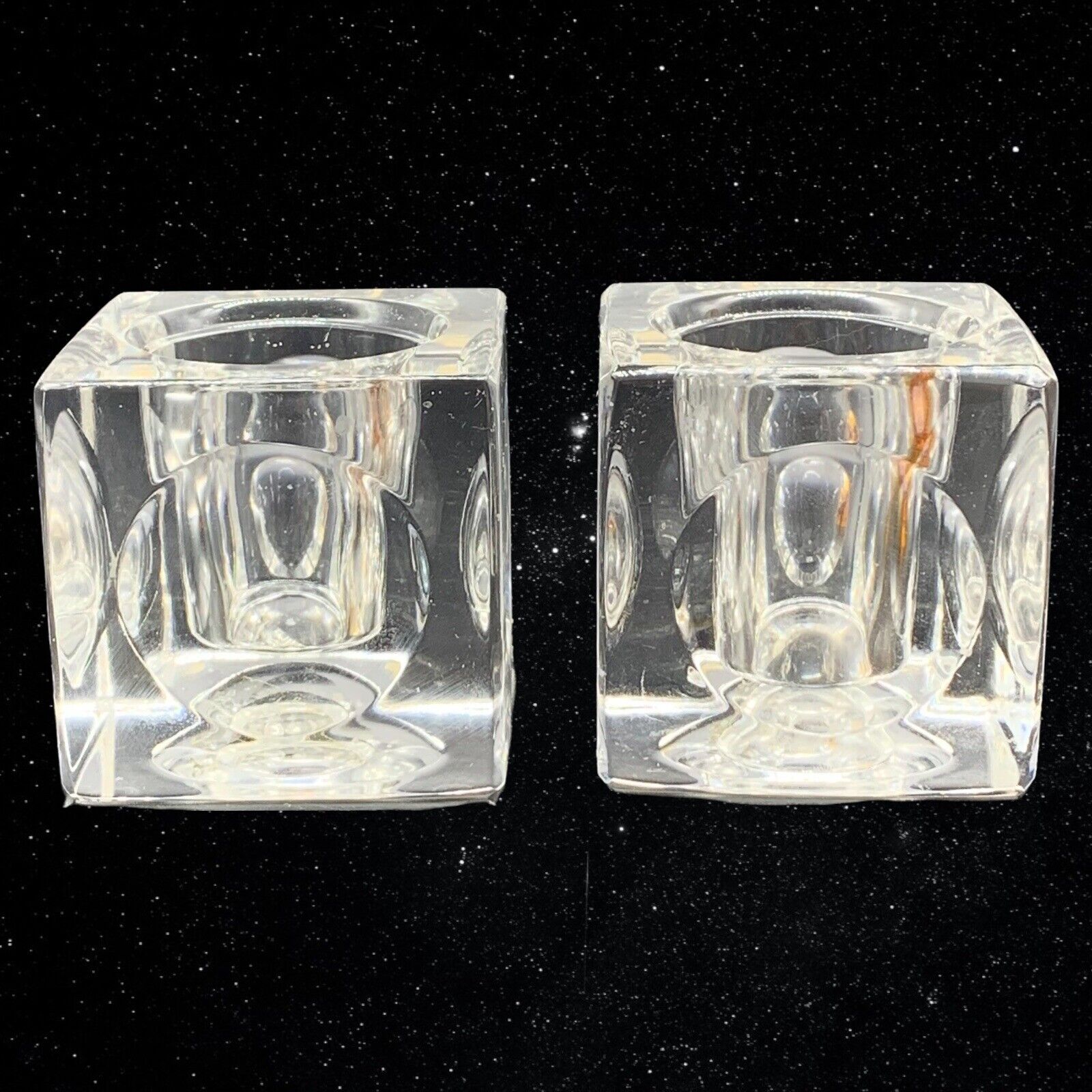 Pair of CITADEL 24% Lead Crystal Made In Mexico Ice Cube Candle Holders 2.5”T