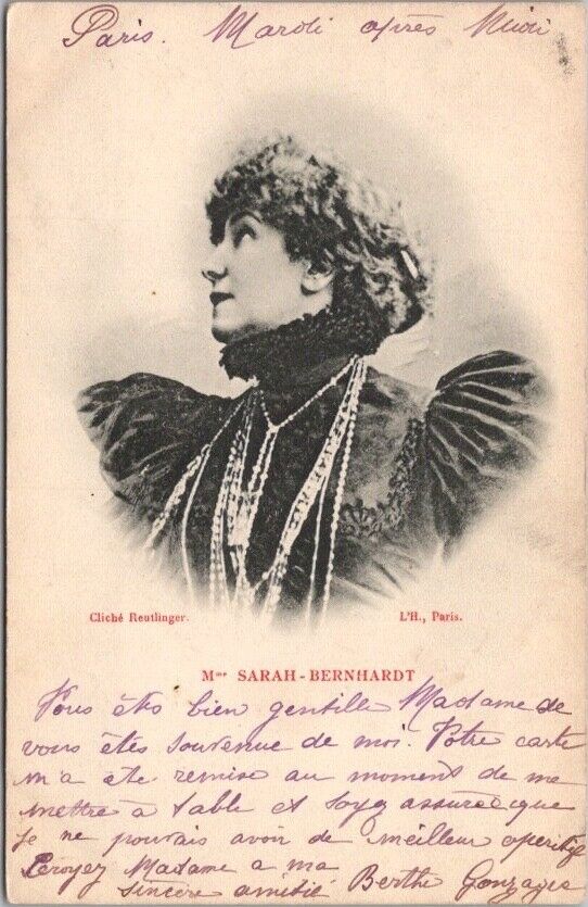 Vintage Actress SARAH BERNHARDT Portrait Postcard / 1902 PARIS France Cancel