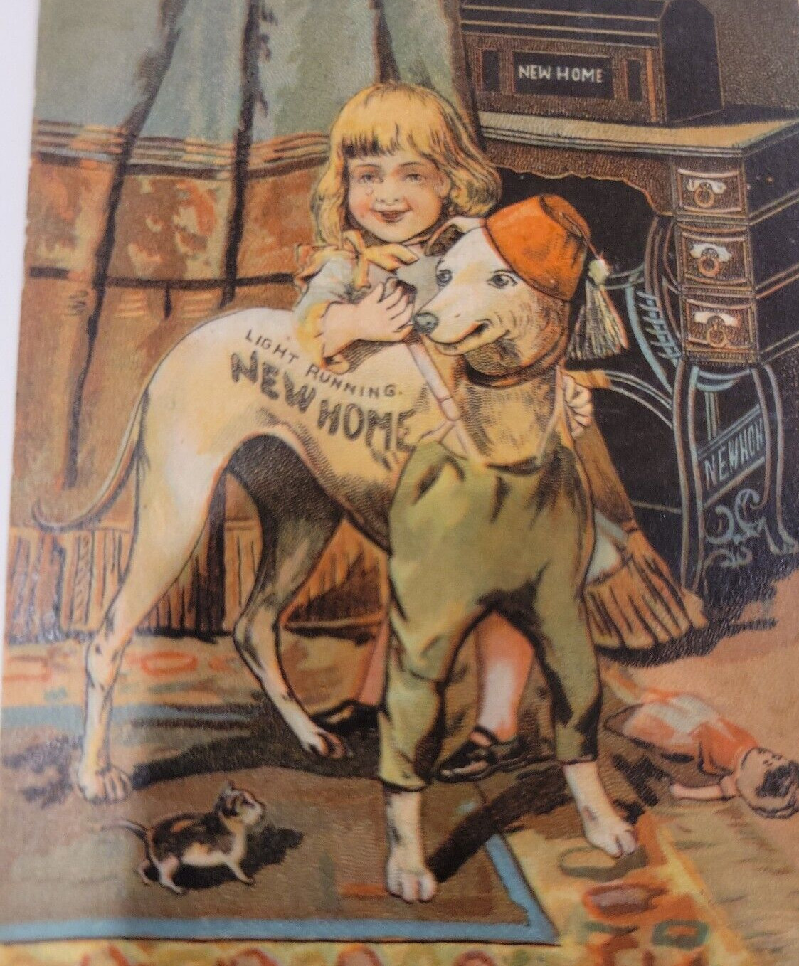 ANTIQUE 1865 Trade Card New Home Sewing Machine Greyhound shriner hat Girl Kitty