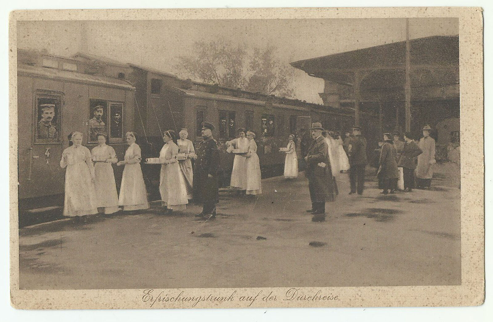 Refreshment for Soldiers, WWI Welfare Postcard, Train Station, 1917