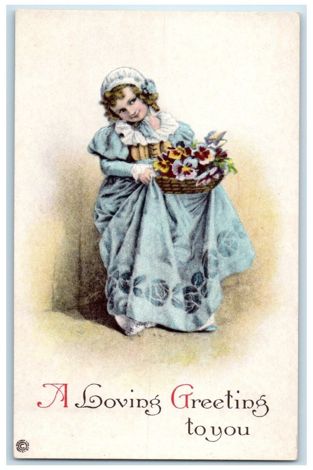 c1910\'s Loving Greeting Girl Dress With Basket Flowers Embossed Antique Postcard