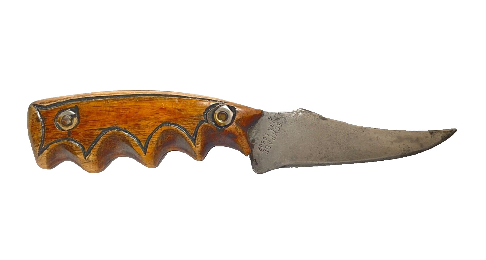 Vintage Fixed Blade Schrade USA Wood Carved Finger Handle SC502 Knife