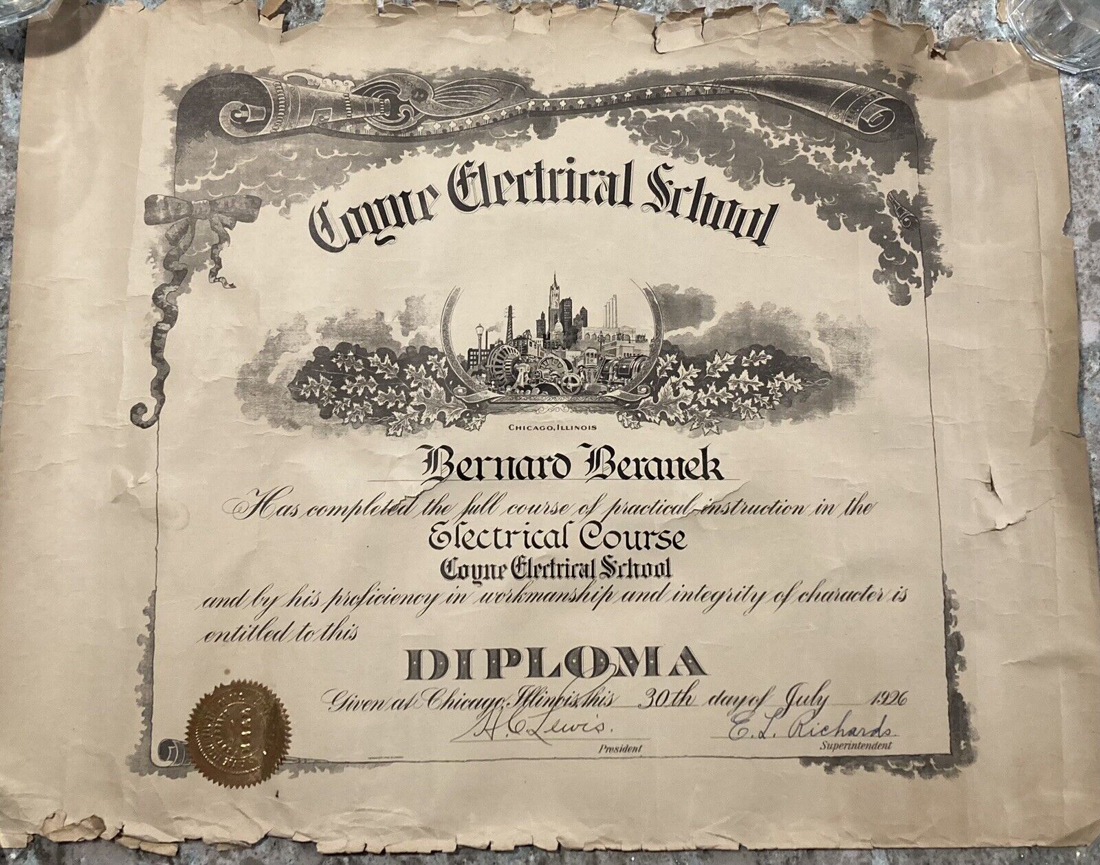 Antique 1926 Coyne Electrical School Diploma Chicago Illinois 23”X18”