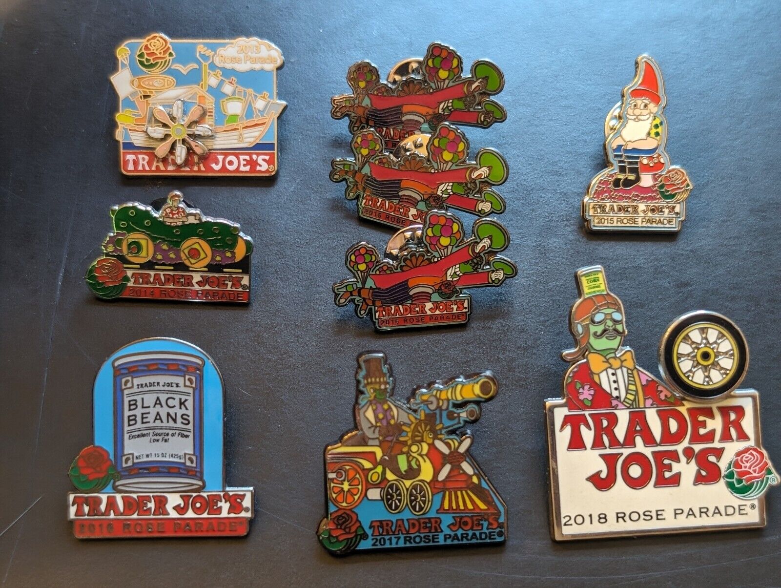 RARE Trader Joe's 2013 - 2018 Rose Parade Collectible Pin Set Plus Patch