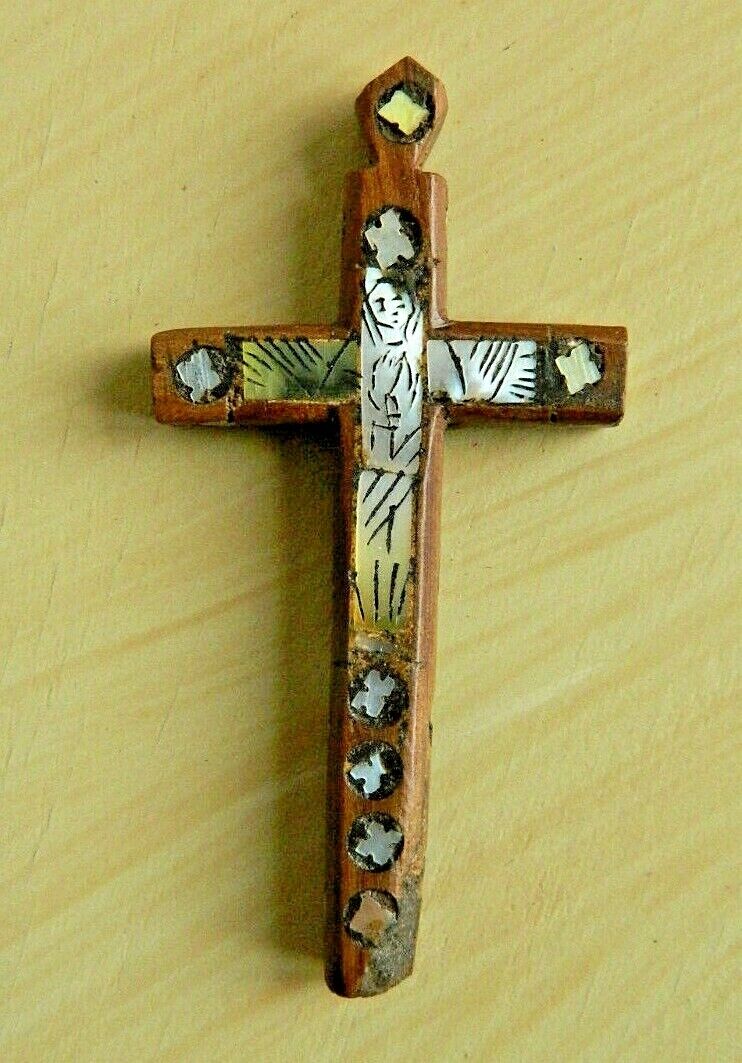 1700\'S ANTIQUE PRIMITIVE  WOOD CROSS PECTORAL CRUCIFIX ROSARY  W MOTHER OF PEARL