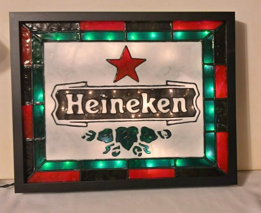 Heineken Inspired Beer Sign Stained Glass Look Lighted Hand Painted