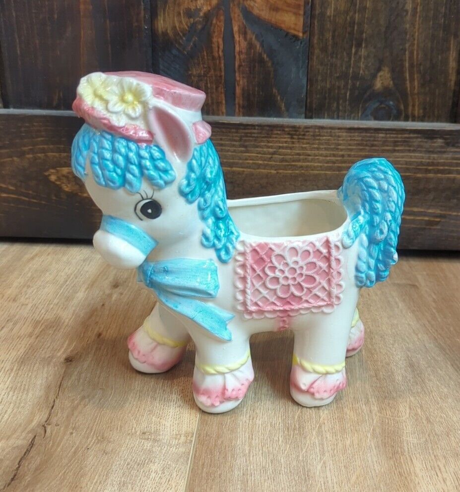 Vtg Ceramic Horse Donkey Pony Planter Nursery Decor Anthropomorphic Pink Blue
